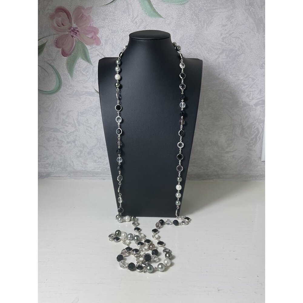 Long Layered Multi-Color Beaded Necklace With Silver-Tone Chain & Lobster Clasp